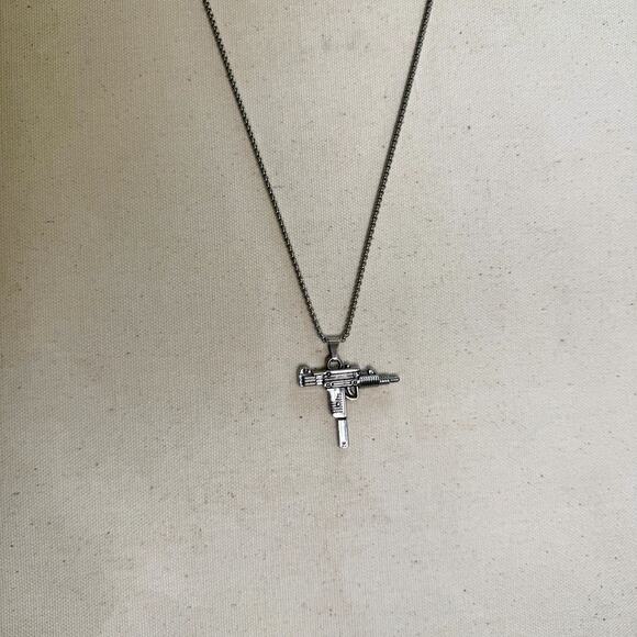 Y2K Silver Stainless Steel Uzi Necklace Urban Pendant Unisex Streetwear New - Picture 10 of 10